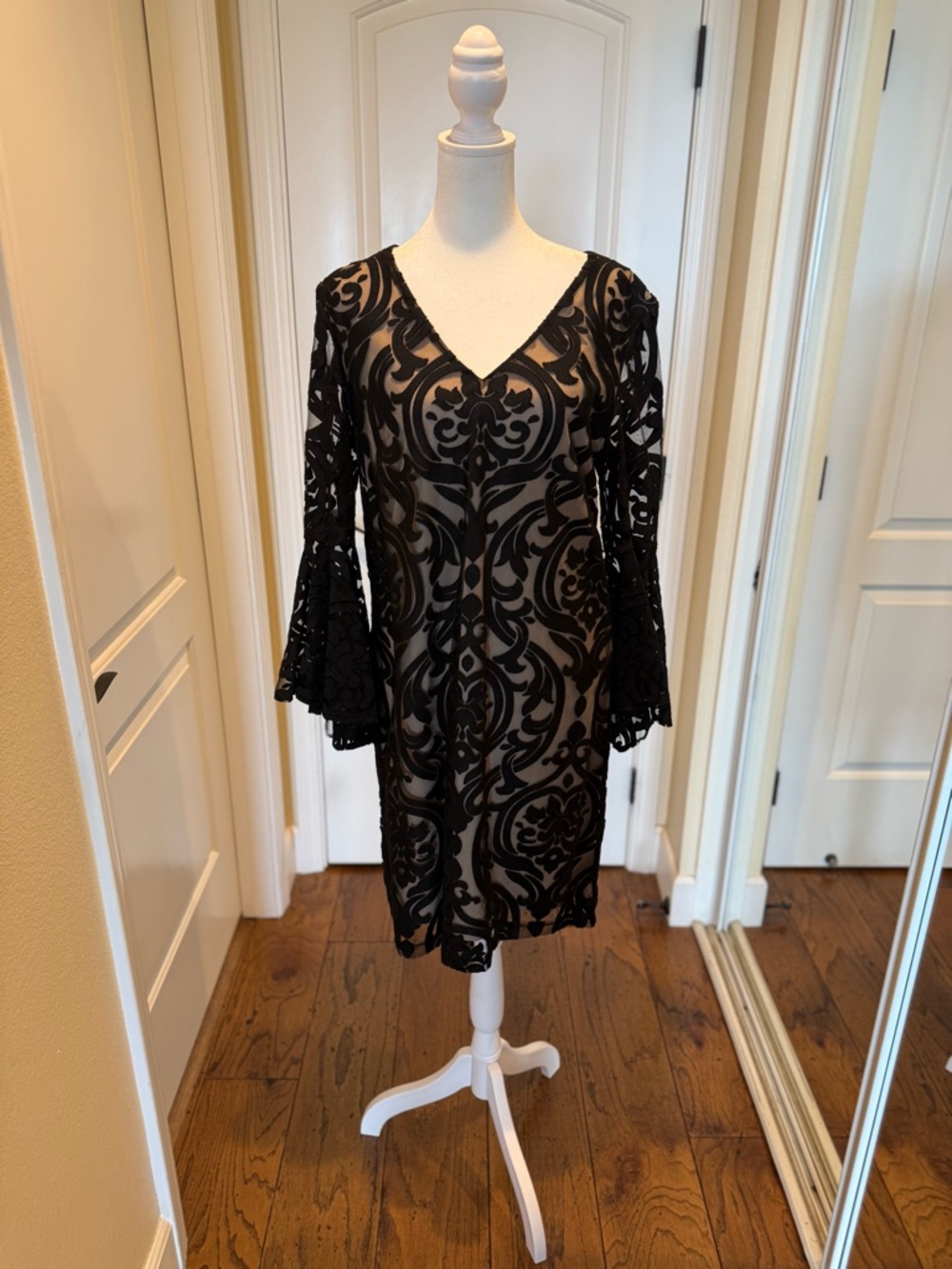 MSK Black Lace-Overlay V-Neck Mini Dress with Nude Underlay